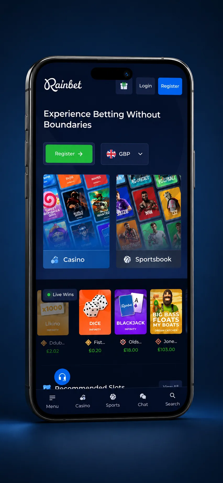 Rainbet mobile casino app account screen