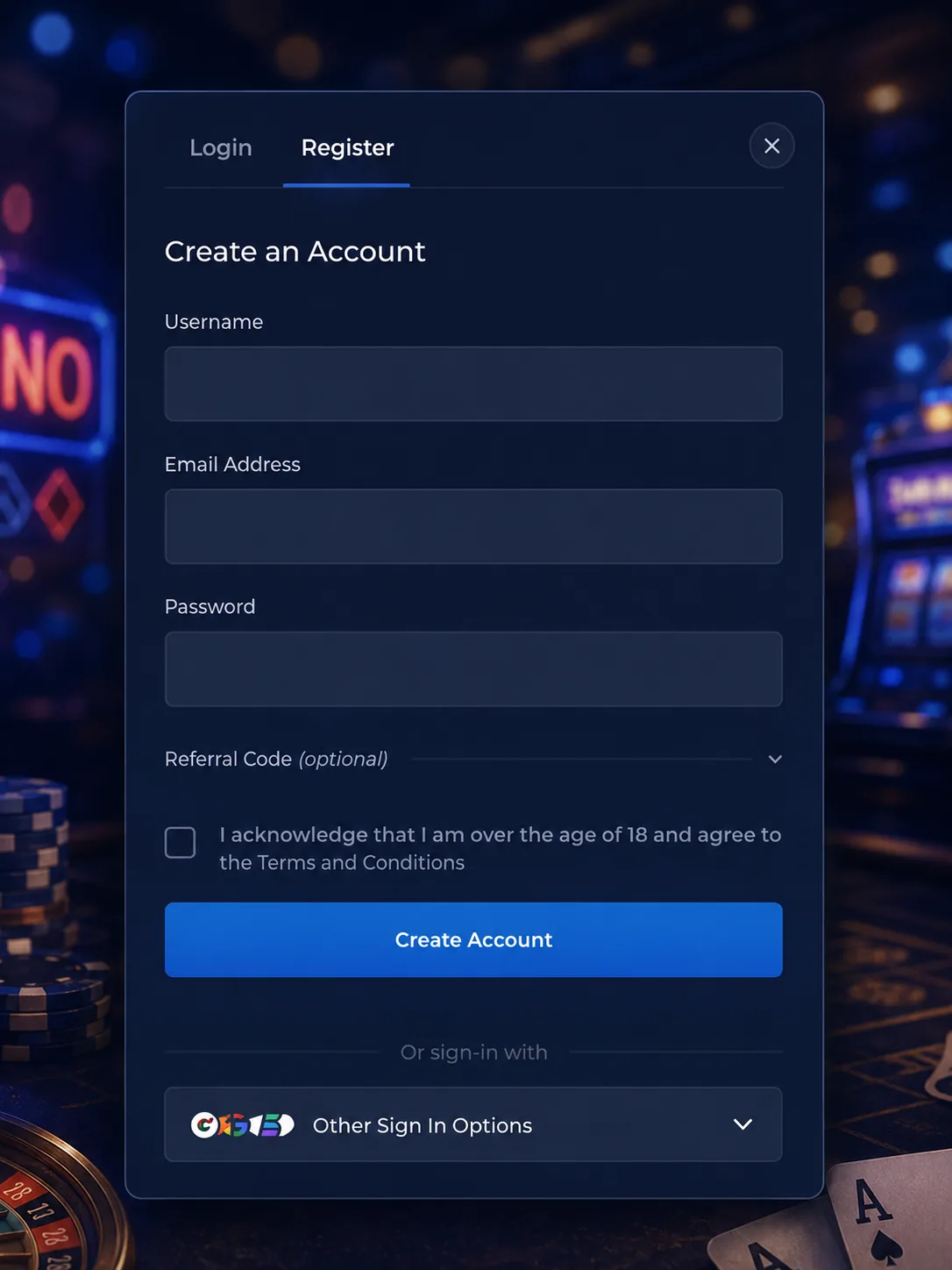 Rainbet registration modal create account screen